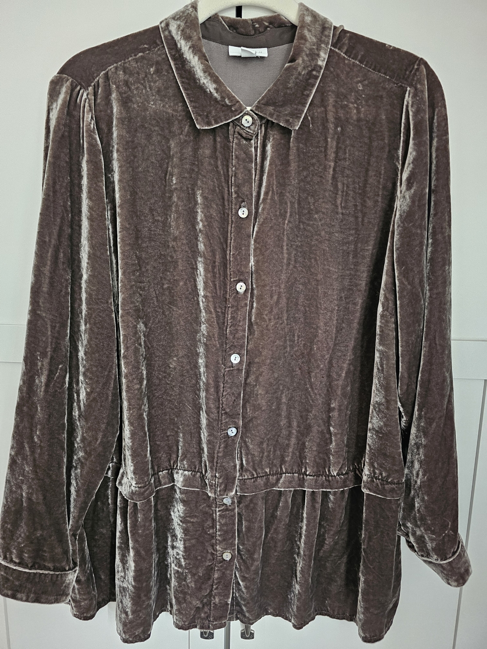 J.Jill Silk Blend Crushed Velvet Button Front Tunic Blouse Peplum Mocha Brown 1X